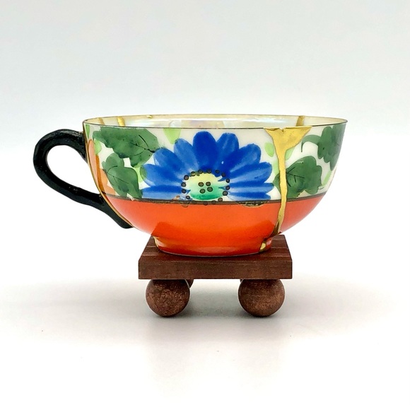 Retro Floral Teacup Kintsugi Eggshell Gold Crack Vtg MCM Japanese Growth Gift - Picture 5 of 16